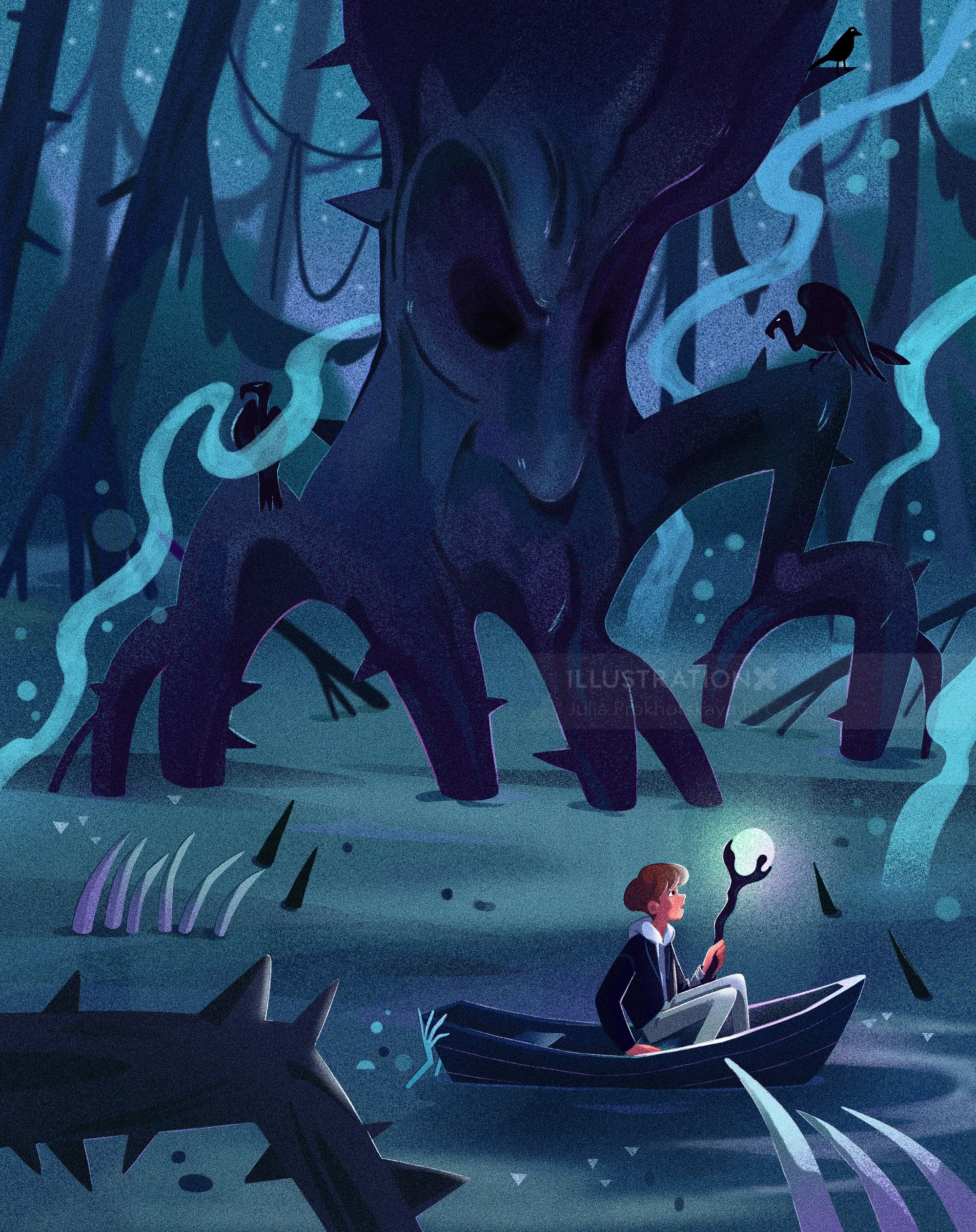 Boy holding glowing lantern in boat on eerie dark forest lake by Julia Prokhotskaya