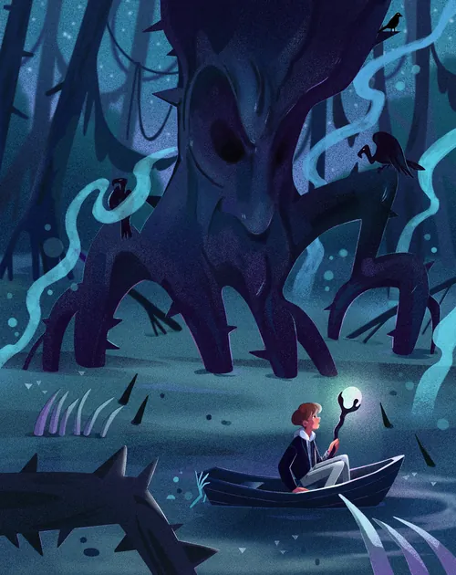 Boy holding glowing lantern in boat on eerie dark forest lake by Julia Prokhotskaya