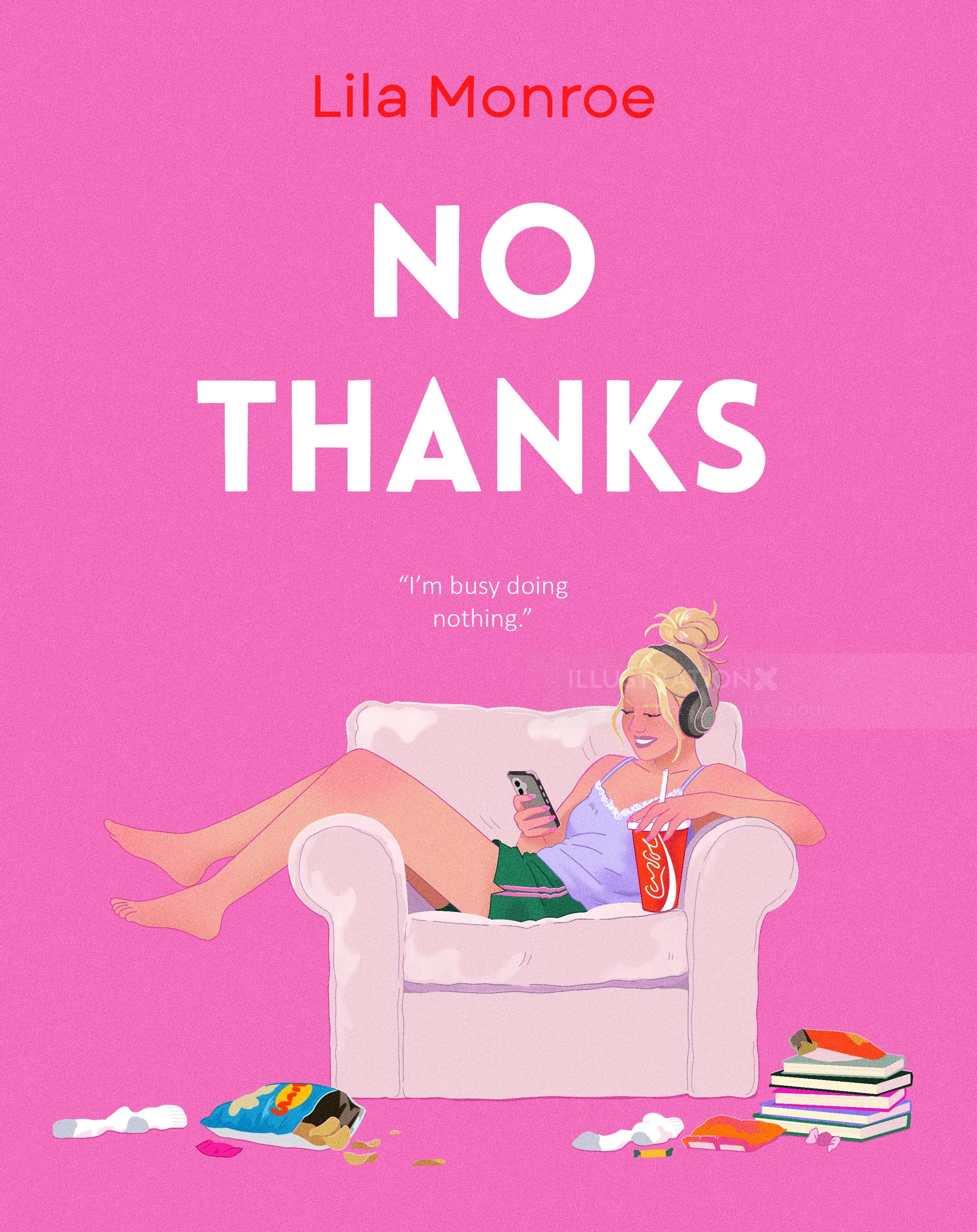 Woman lounging on chair with snacks and phone in illustration by Julia Prokhotskaya In Colour