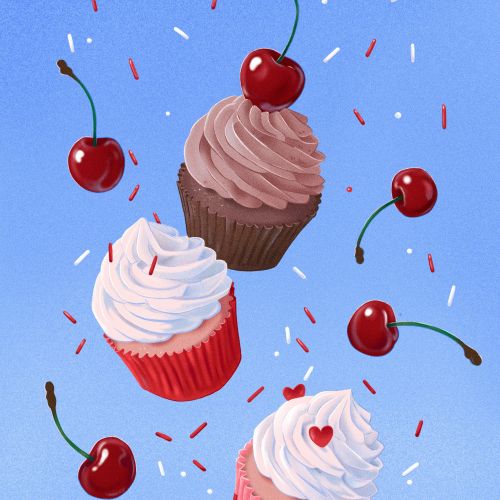 Three cupcakes decorated with cherries and sprinkles by Julia Prokhotskaya