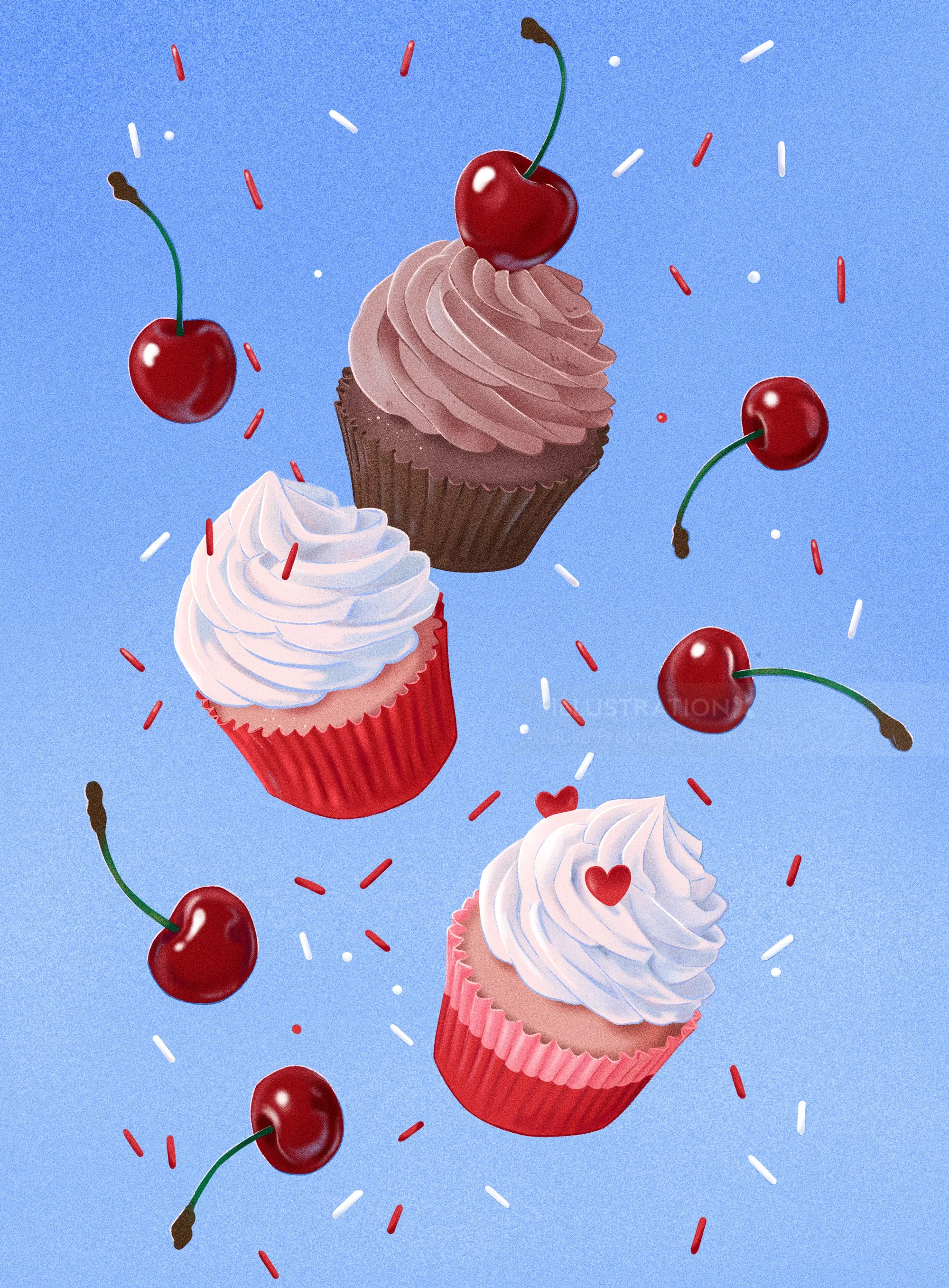 Three cupcakes decorated with cherries and sprinkles by Julia Prokhotskaya