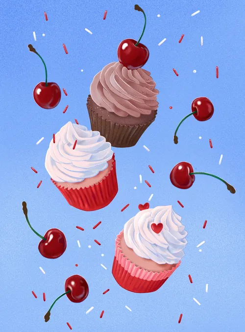Three cupcakes decorated with cherries and sprinkles by Julia Prokhotskaya