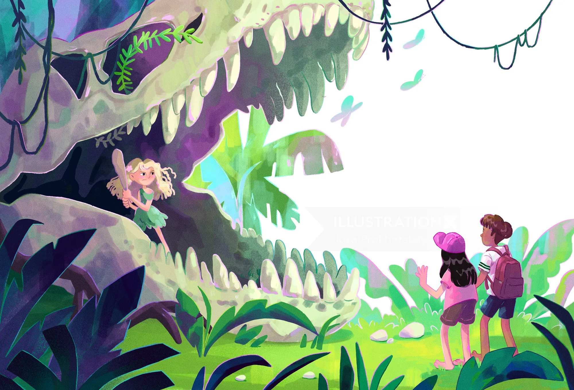 Children explore large dinosaur skull in jungle setting by Julia Prokhotskaya
