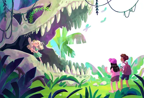 Children explore large dinosaur skull in jungle setting by Julia Prokhotskaya