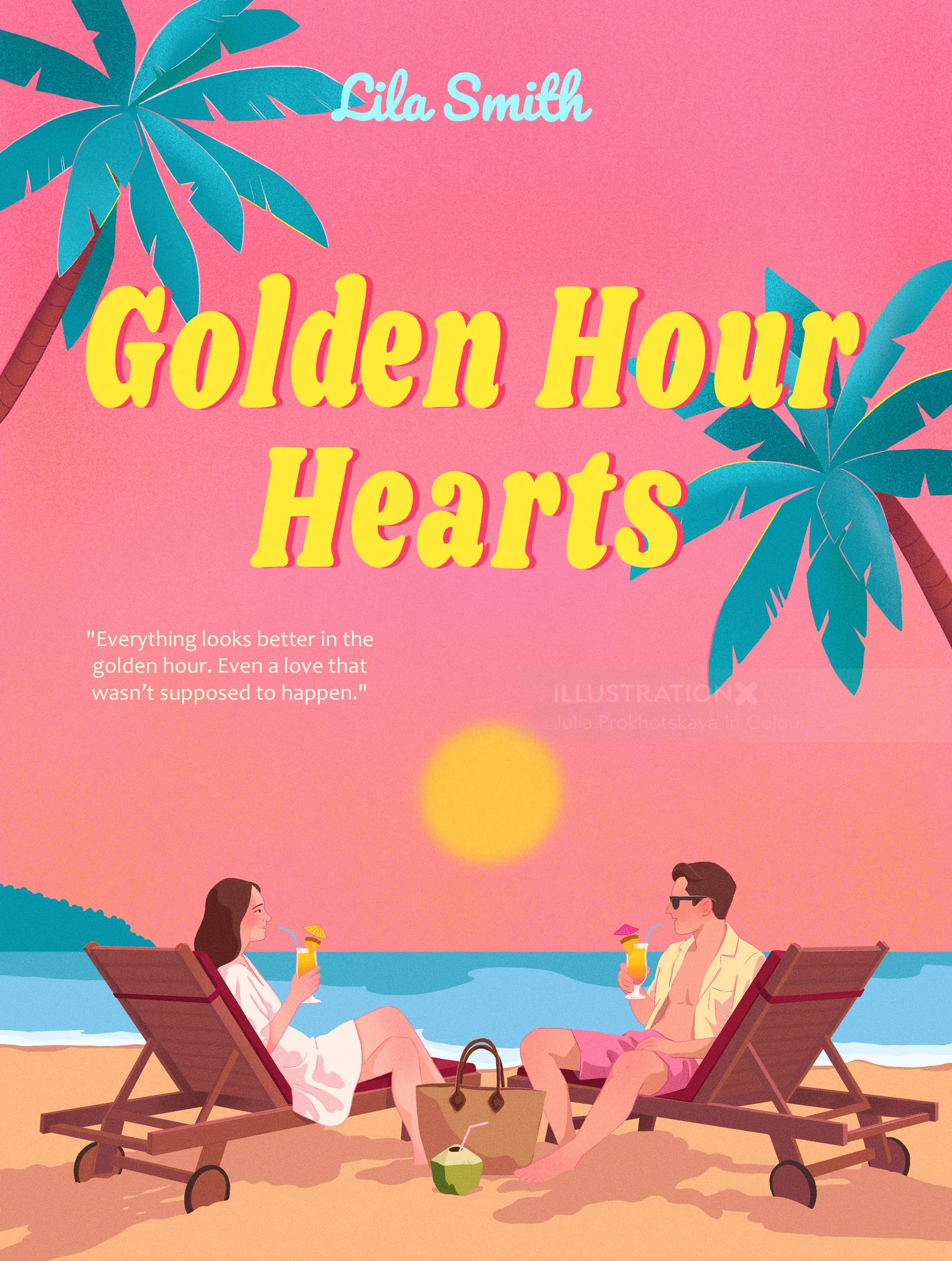 Book cover of Golden Hour Hearts showing a couple on the beach at sunset by Julia Prokhotskaya In Co