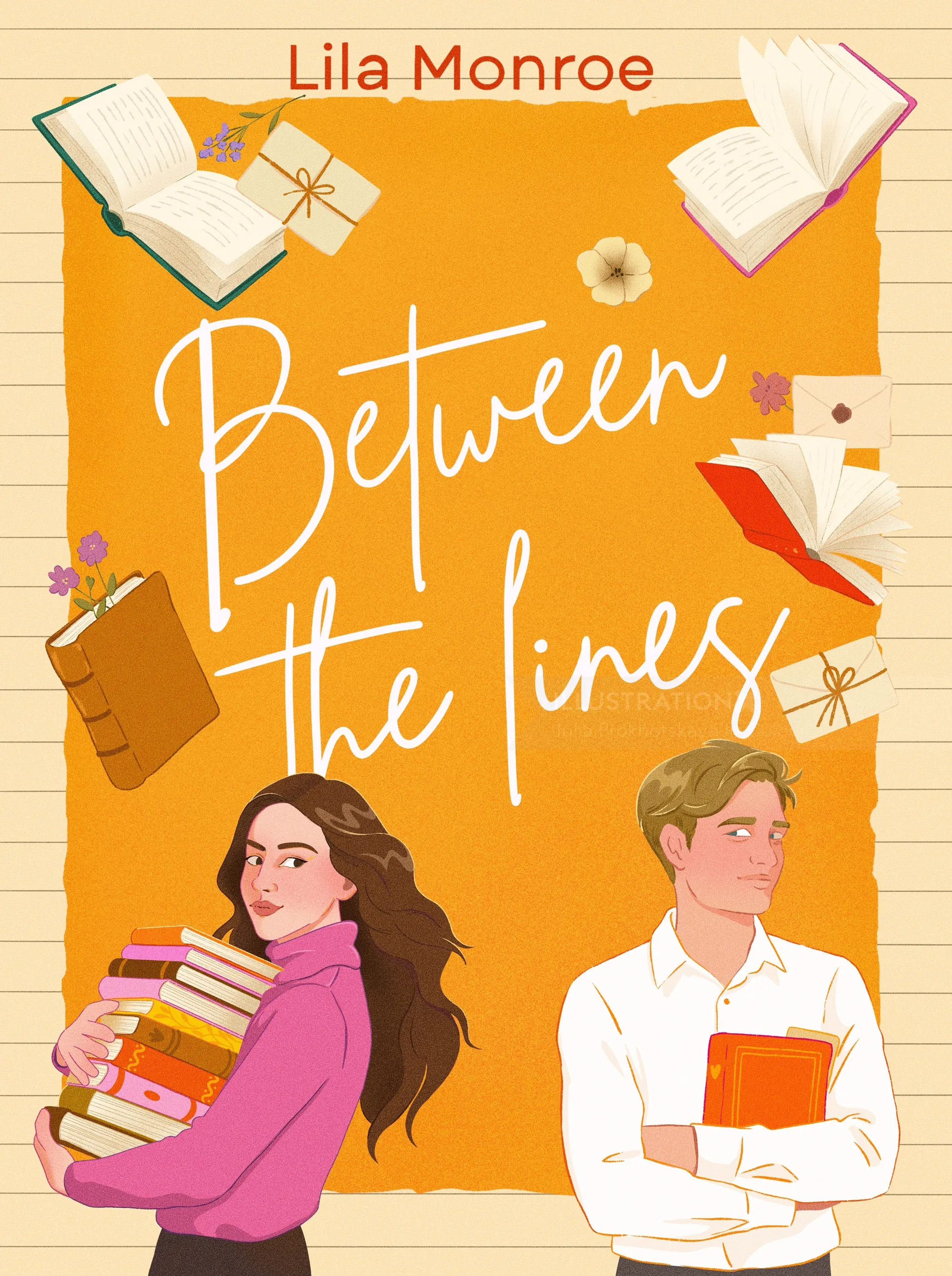 Book cover of Between the Lines with woman and man holding books by Julia Prokhotskaya In Colour