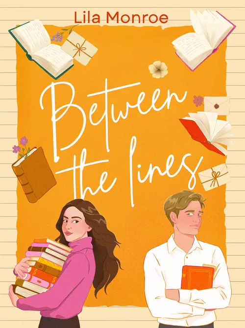 Book cover of Between the Lines with woman and man holding books by Julia Prokhotskaya In Colour