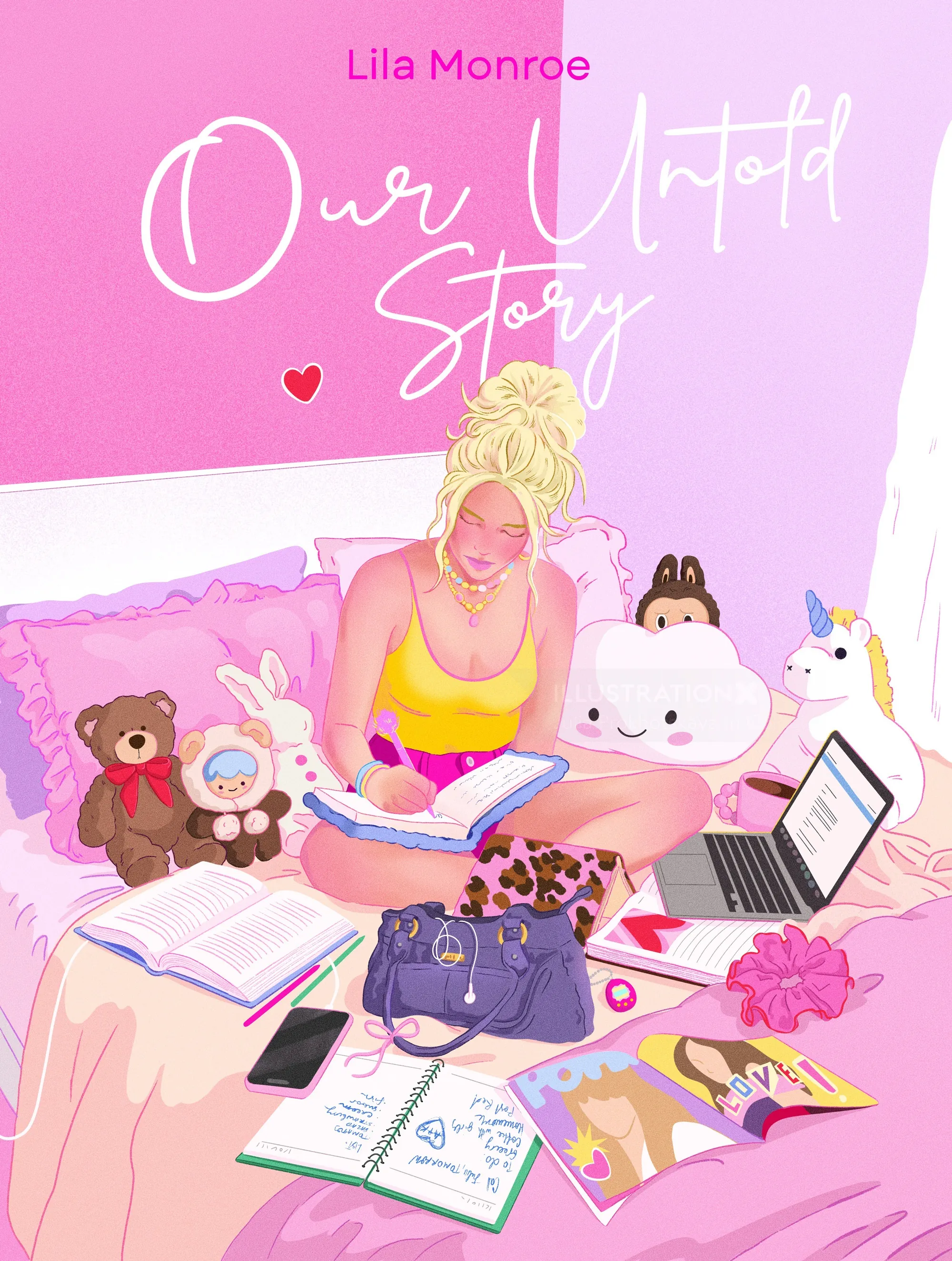 Illustration of a woman reading with plush toys and books by Julia Prokhotskaya In Colour