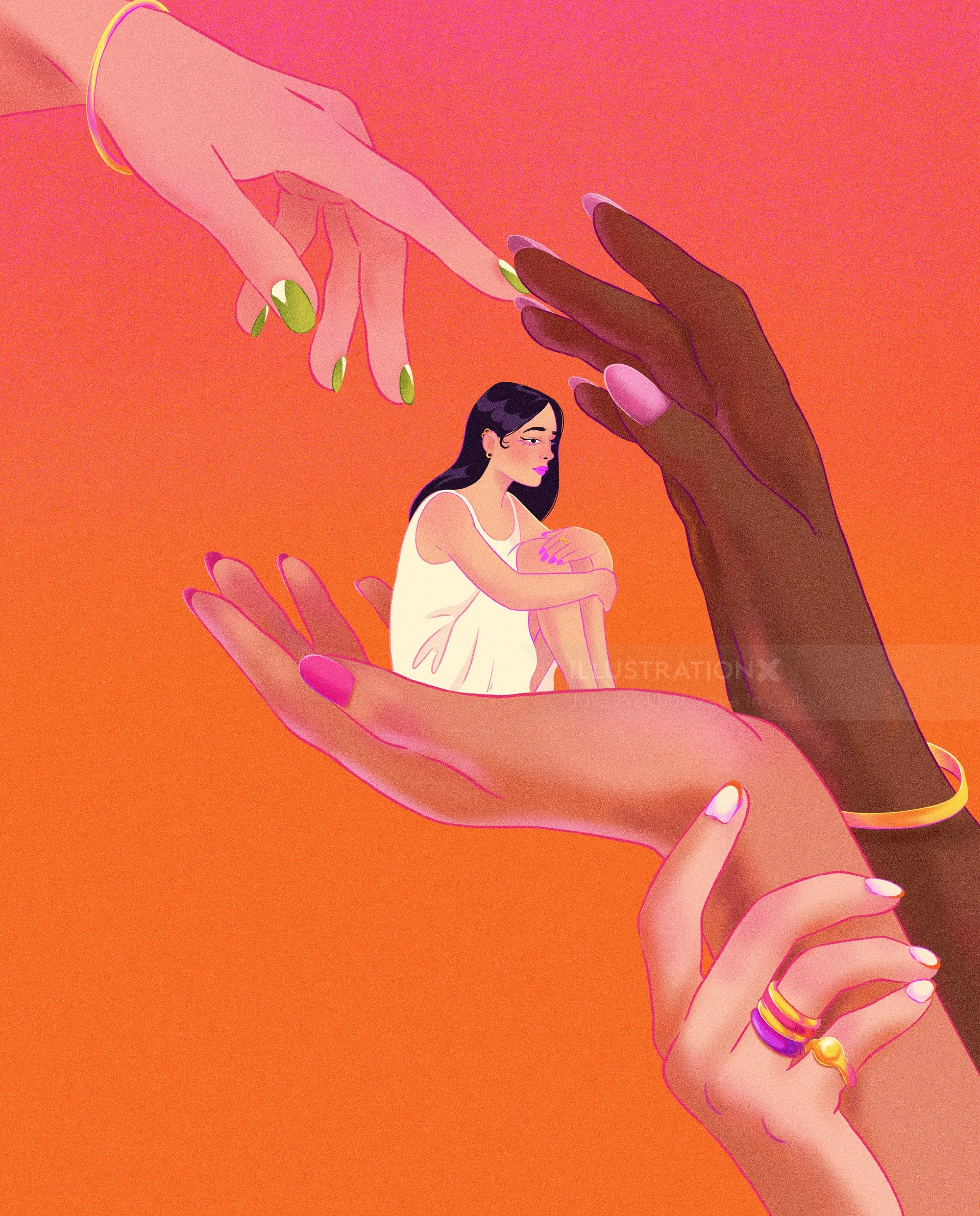 Illustration of diverse hands cradling a seated woman, by Julia Prokhotskaya