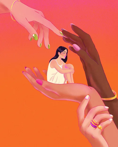 Illustration of diverse hands cradling a seated woman, by Julia Prokhotskaya