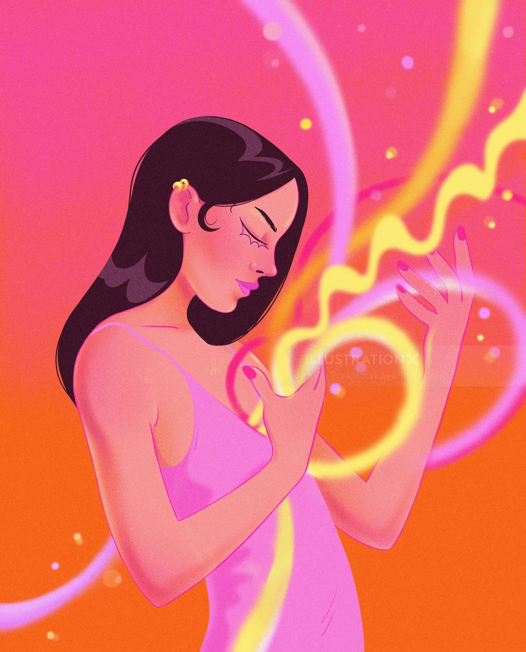 Woman creating swirling magical light effects with hands, digital artwork by Julia Prokhotskaya