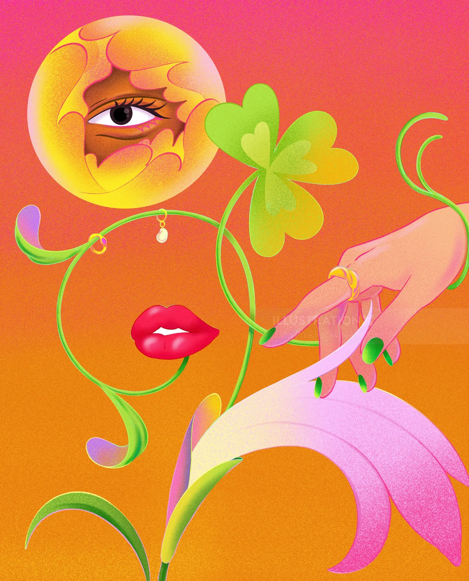 Surreal floral face with lips, eye, clover, and hand by Julia Prokhotskaya