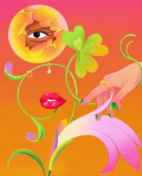Surreal floral face with lips, eye, clover, and hand by Julia Prokhotskaya