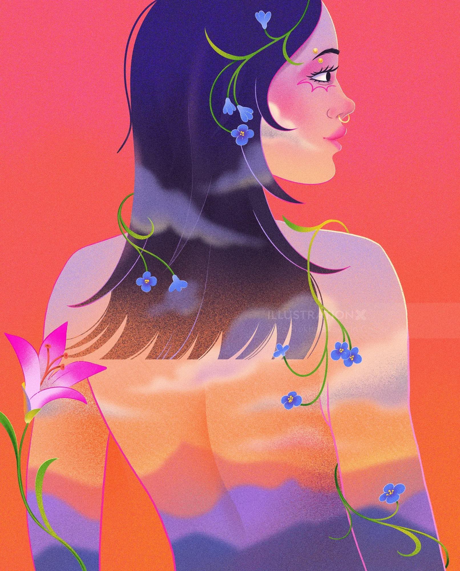 Digital portrait of woman with floral and cloud elements by Julia Prokhotskaya