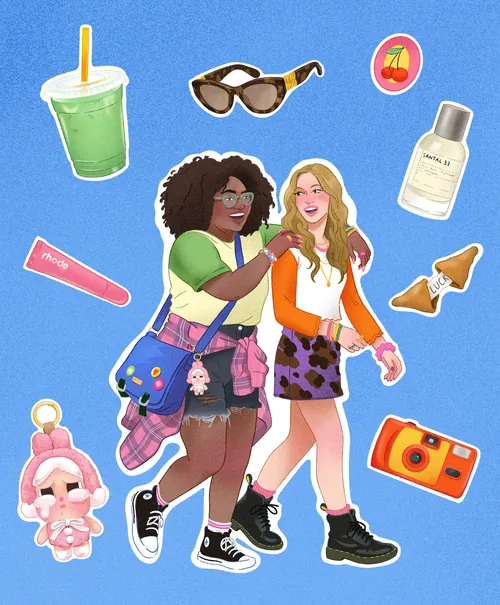 Illustration of two girls with fashion accessories by Julia Prokhotskaya In Colour