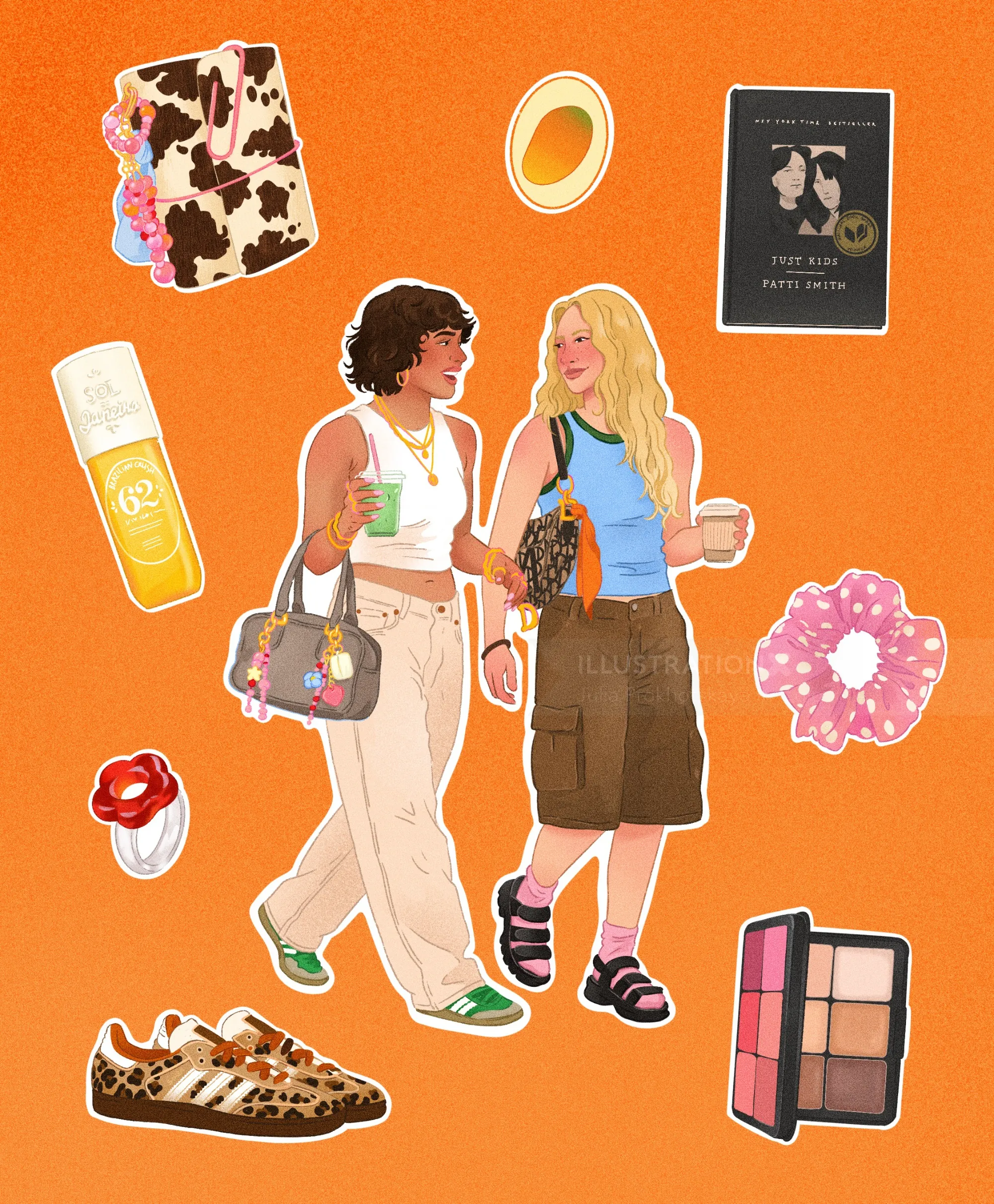 Two women walking surrounded by beauty and fashion items by Julia Prokhotskaya