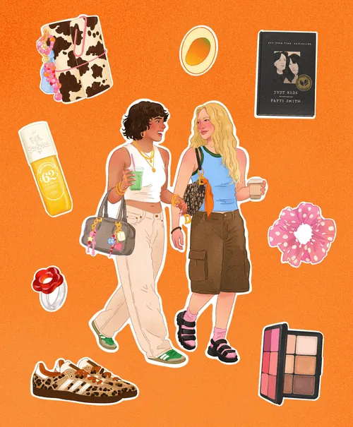 Two women walking surrounded by beauty and fashion items by Julia Prokhotskaya
