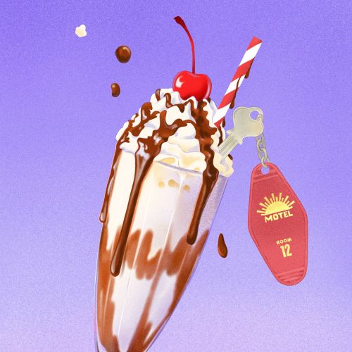 Milkshake with whipped cream, cherry, chocolate syrup, and motel key tag by Julia Prokhotskaya