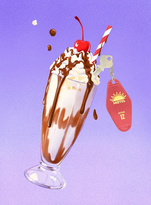 Milkshake with whipped cream, cherry, chocolate syrup, and motel key tag by Julia Prokhotskaya