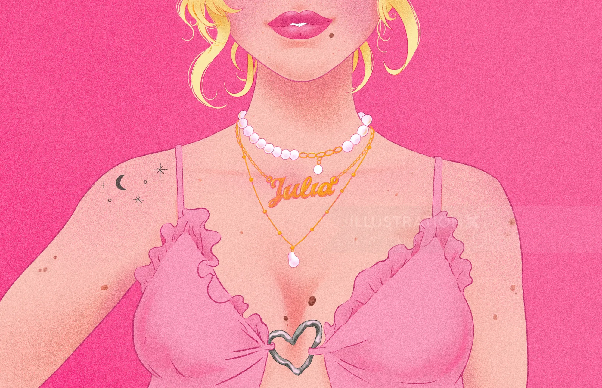 Illustration of a woman in a pink top and jewelry by Julia Prokhotskaya
