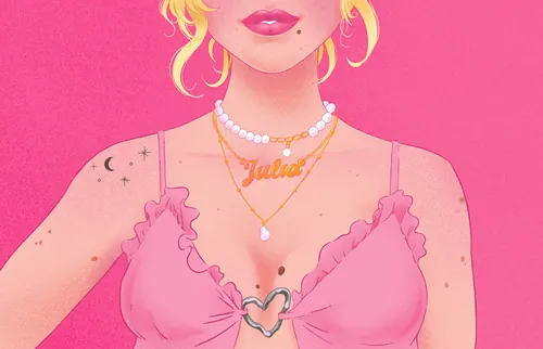 Illustration of a woman in a pink top and jewelry by Julia Prokhotskaya