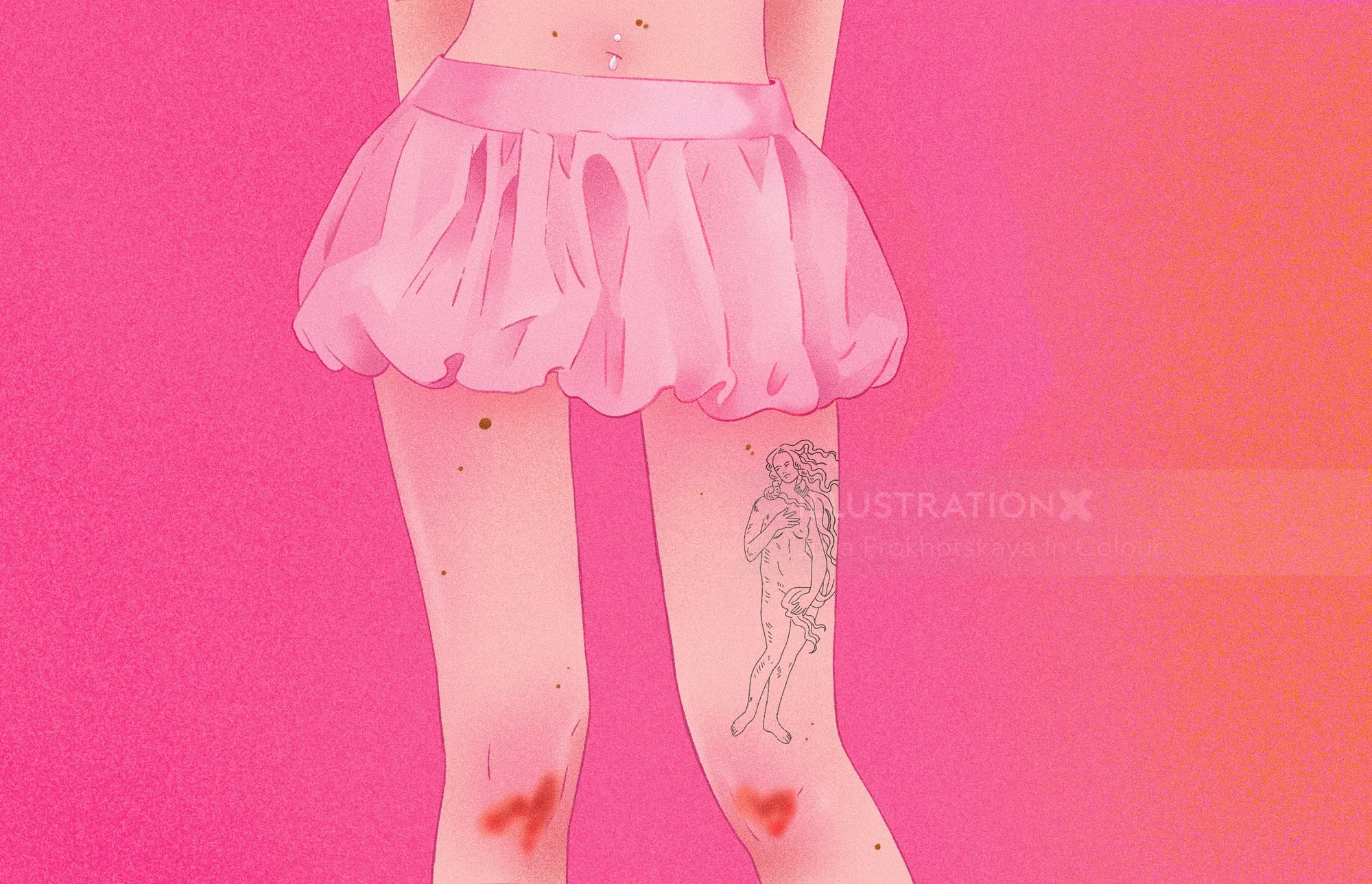 Person in pink puffy skirt and arm warmers with tattoos, digital art by Julia Prokhotskaya