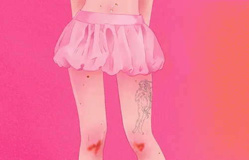 Person in pink puffy skirt and arm warmers with tattoos, digital art by Julia Prokhotskaya