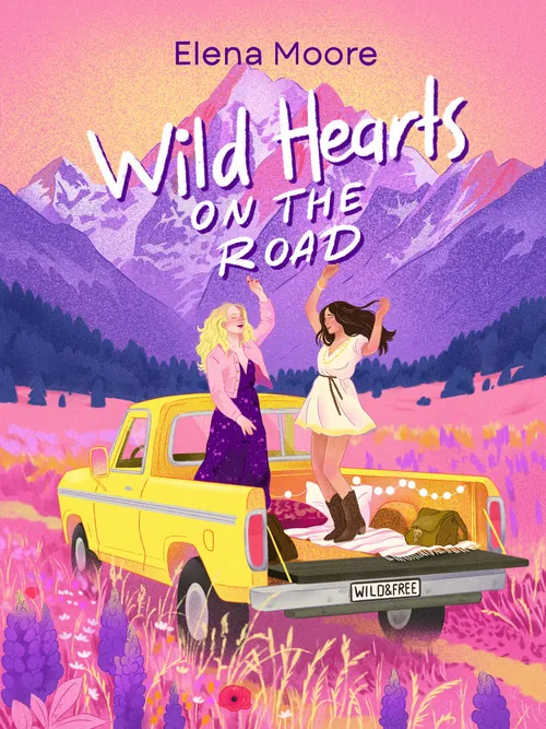 Illustration of two women on yellow truck with mountains and wildflowers by Julia Prokhotskaya