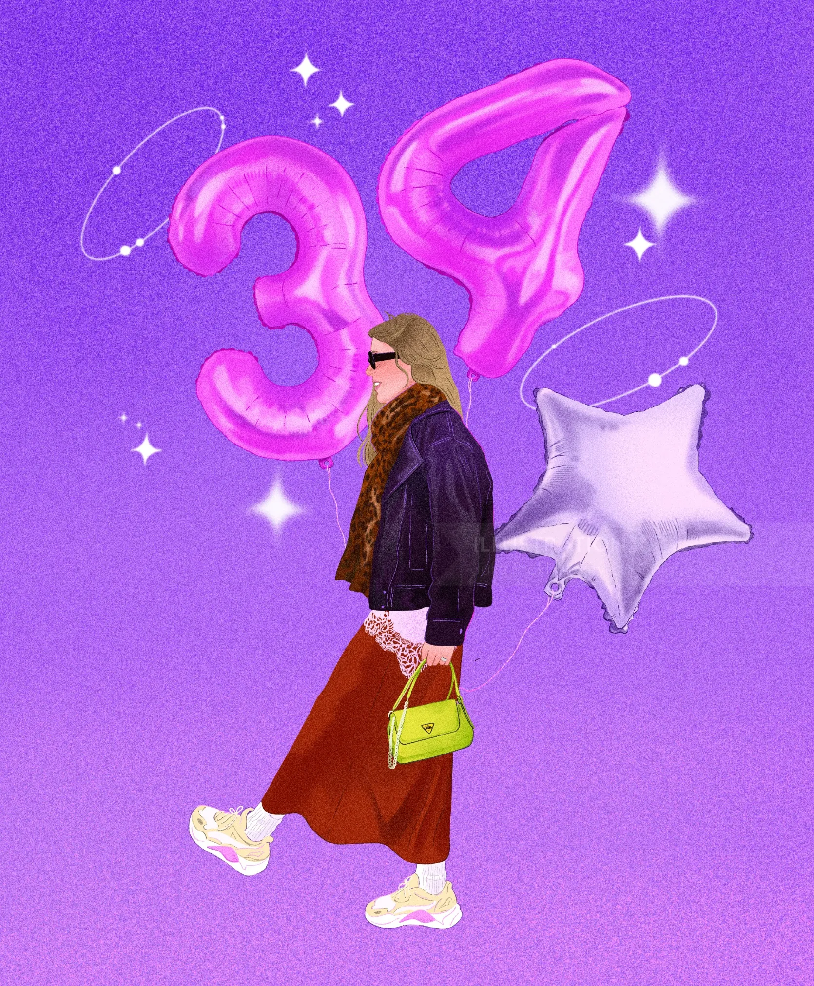 Woman holding number 34 balloons and star balloon by Julia Prokhotskaya