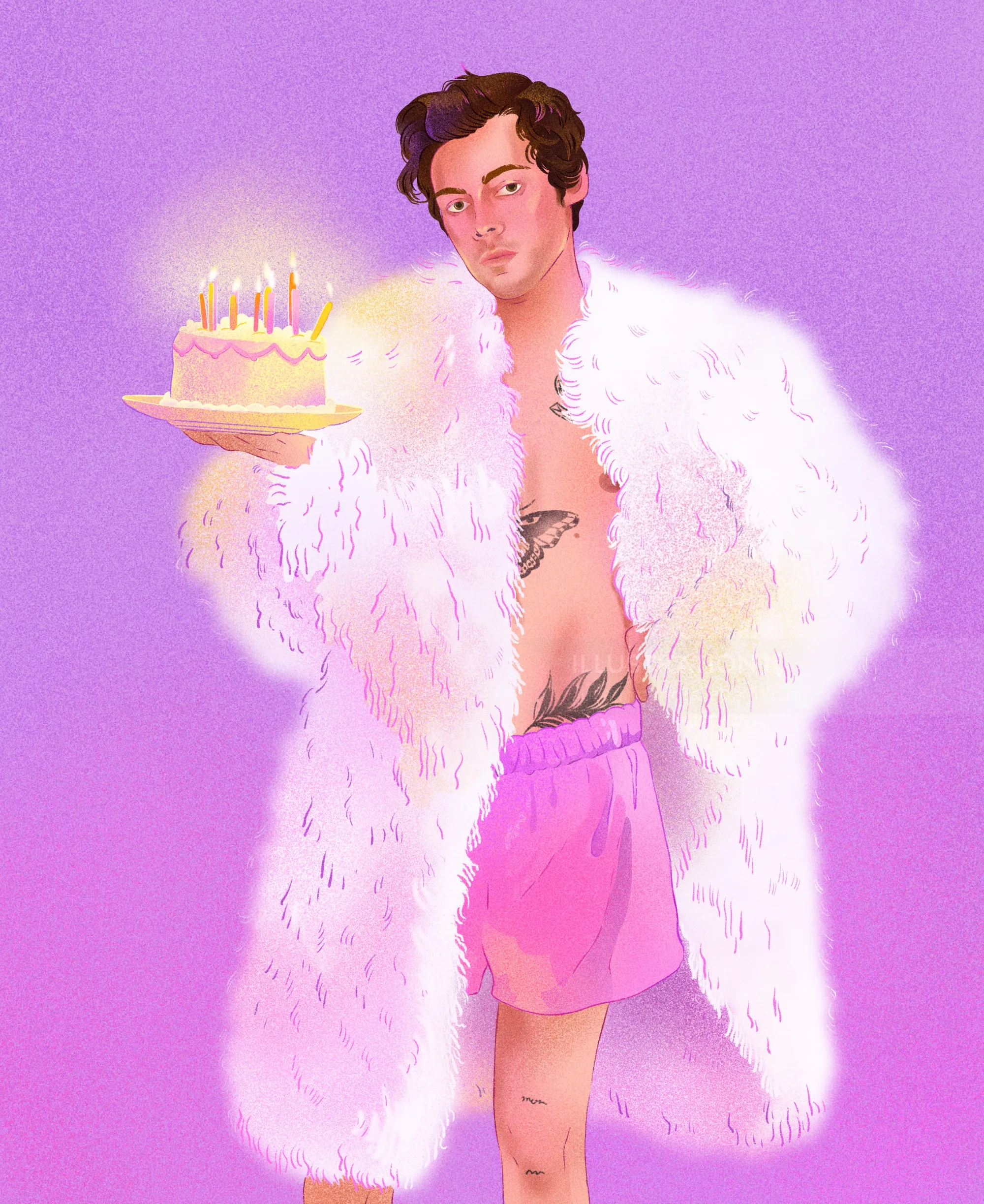 Illustration of Harry Styles holding a birthday cake by Julia Prokhotskaya