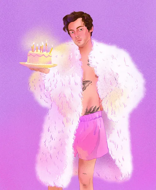 Illustration of Harry Styles holding a birthday cake by Julia Prokhotskaya
