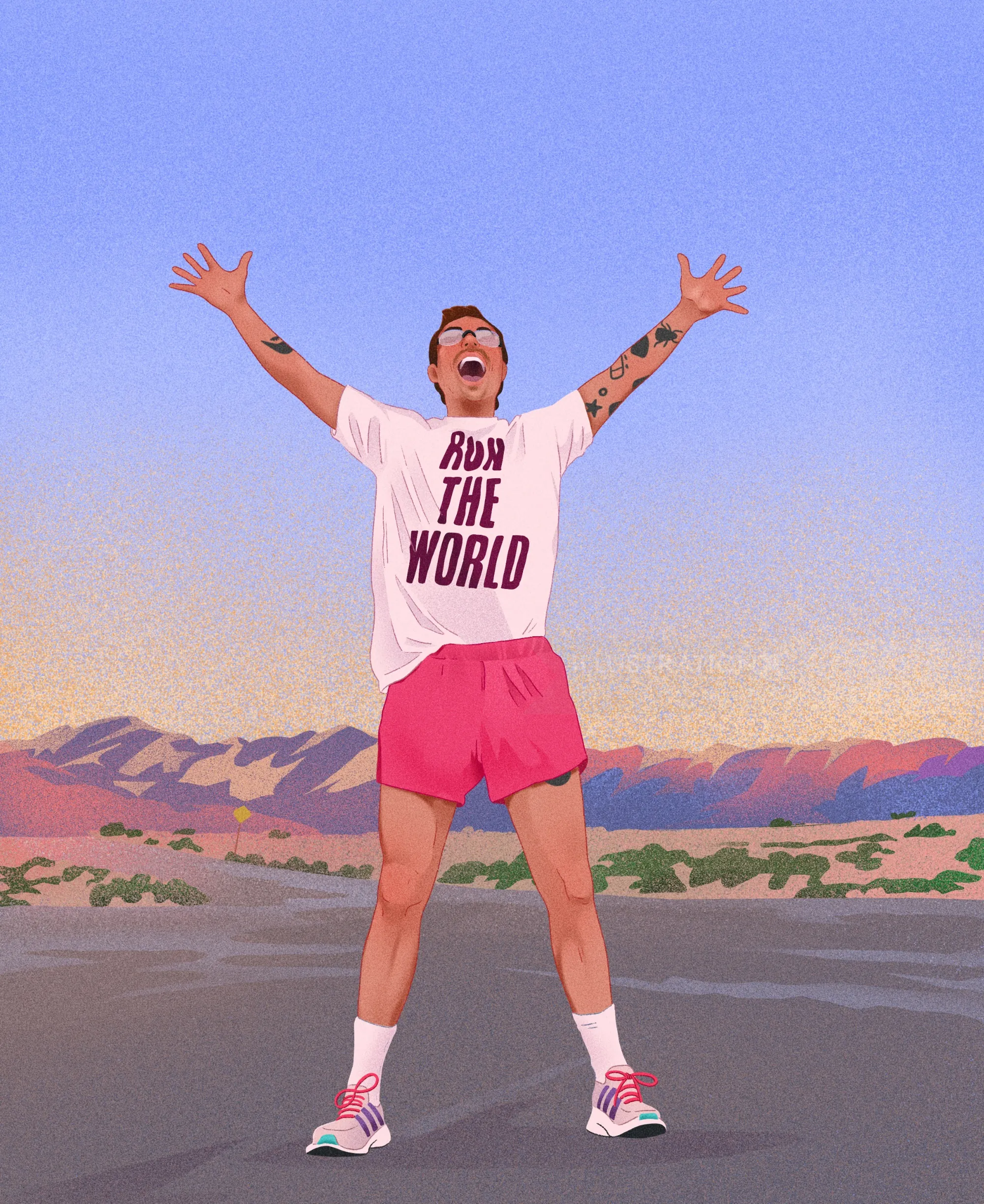 Illustration of Harry Styles in desert wearing 'Run The World' shirt by Julia Prokhotskaya