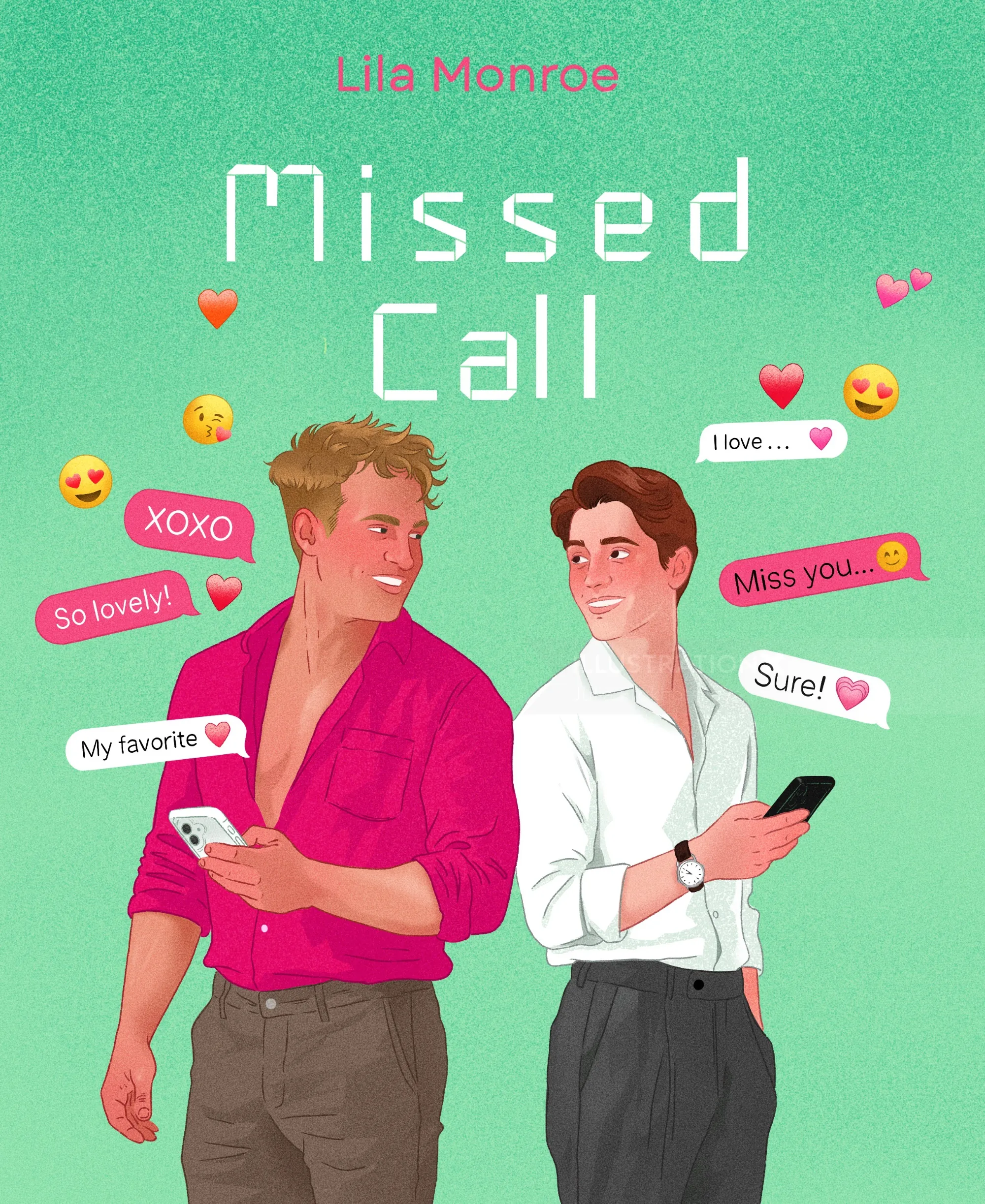 Two men texting with emojis around them on 'Missed Call' cover by Julia Prokhotskaya