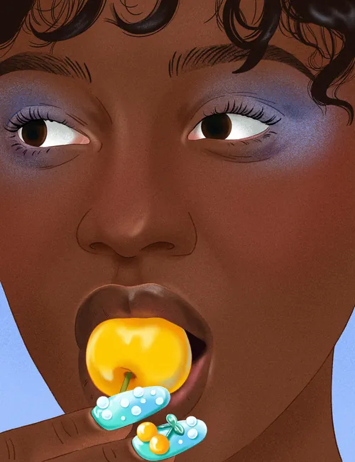 Digital portrait of woman licking yellow candy, purple eyeshadow by Julia Prokhotskaya