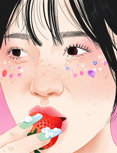 Illustration of woman eating strawberry with freckles and heart shapes by Julia Prokhotskaya