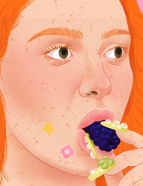 Illustration of woman with freckles eating blackberry with lemon slices by Julia Prokhotskaya In Col