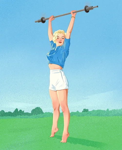 Illustration von Marilyn Monroe beim Hantelheben, von Julia Prokhotskaya