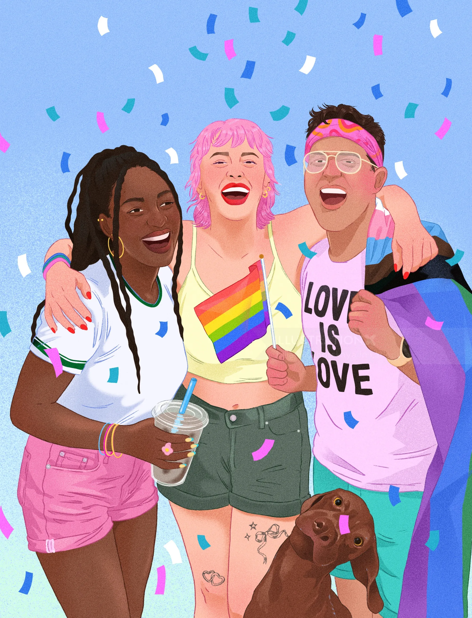 Three friends celebrating pride with rainbow flags and colorful outfits by Julia Prokhotskaya