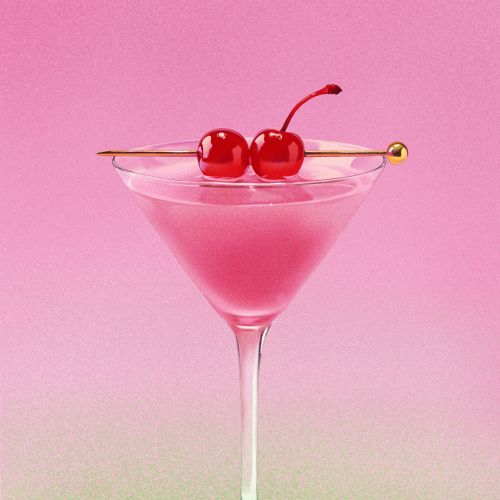 Pink cocktail with two cherries in martini glass by Julia Prokhotskaya