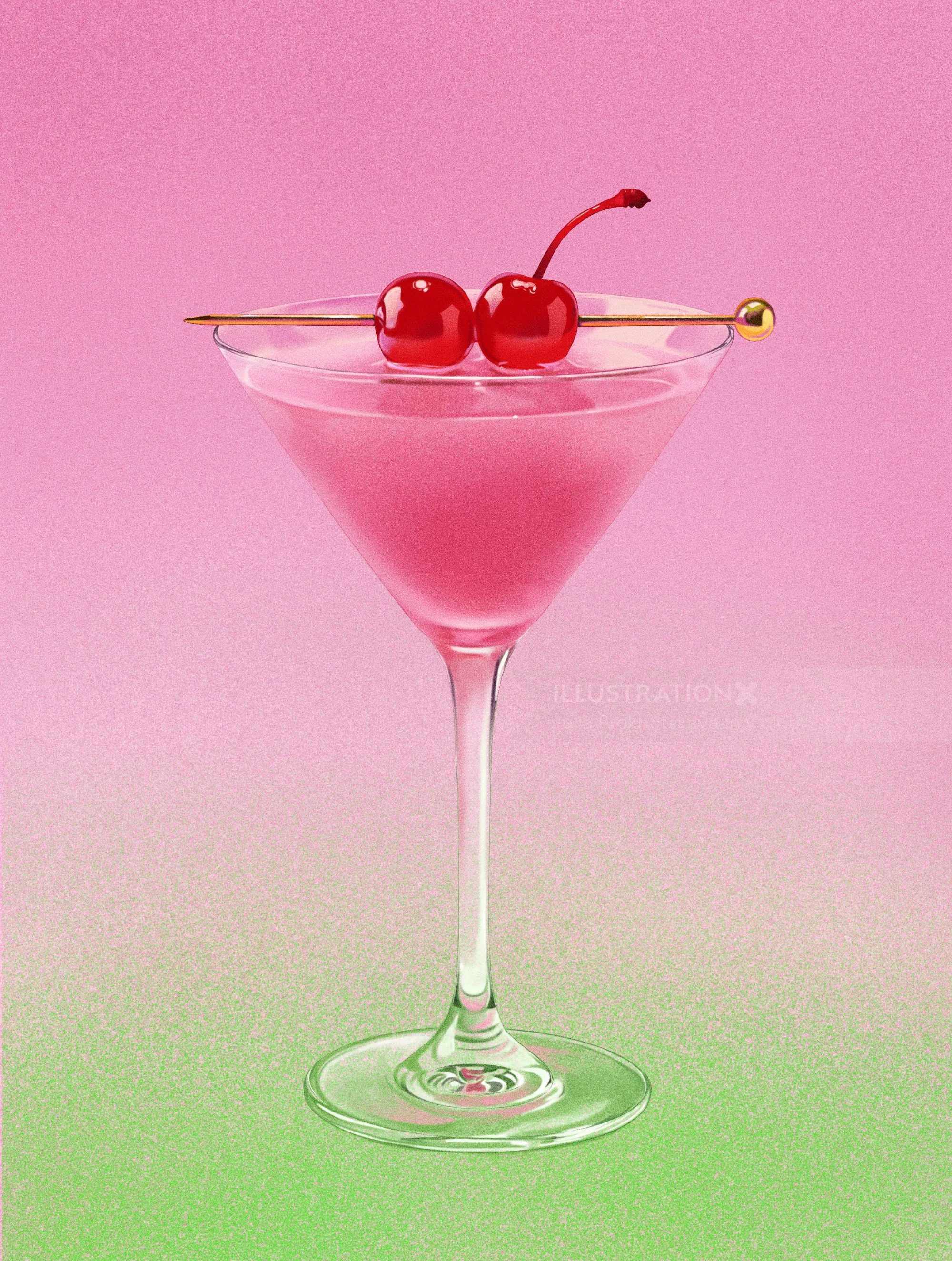 Pink cocktail with two cherries in martini glass by Julia Prokhotskaya
