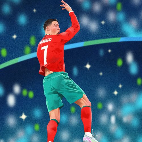 Jugador de fútbol saltando para cabecear el balón en el estadio por Julia Prokhotskaya