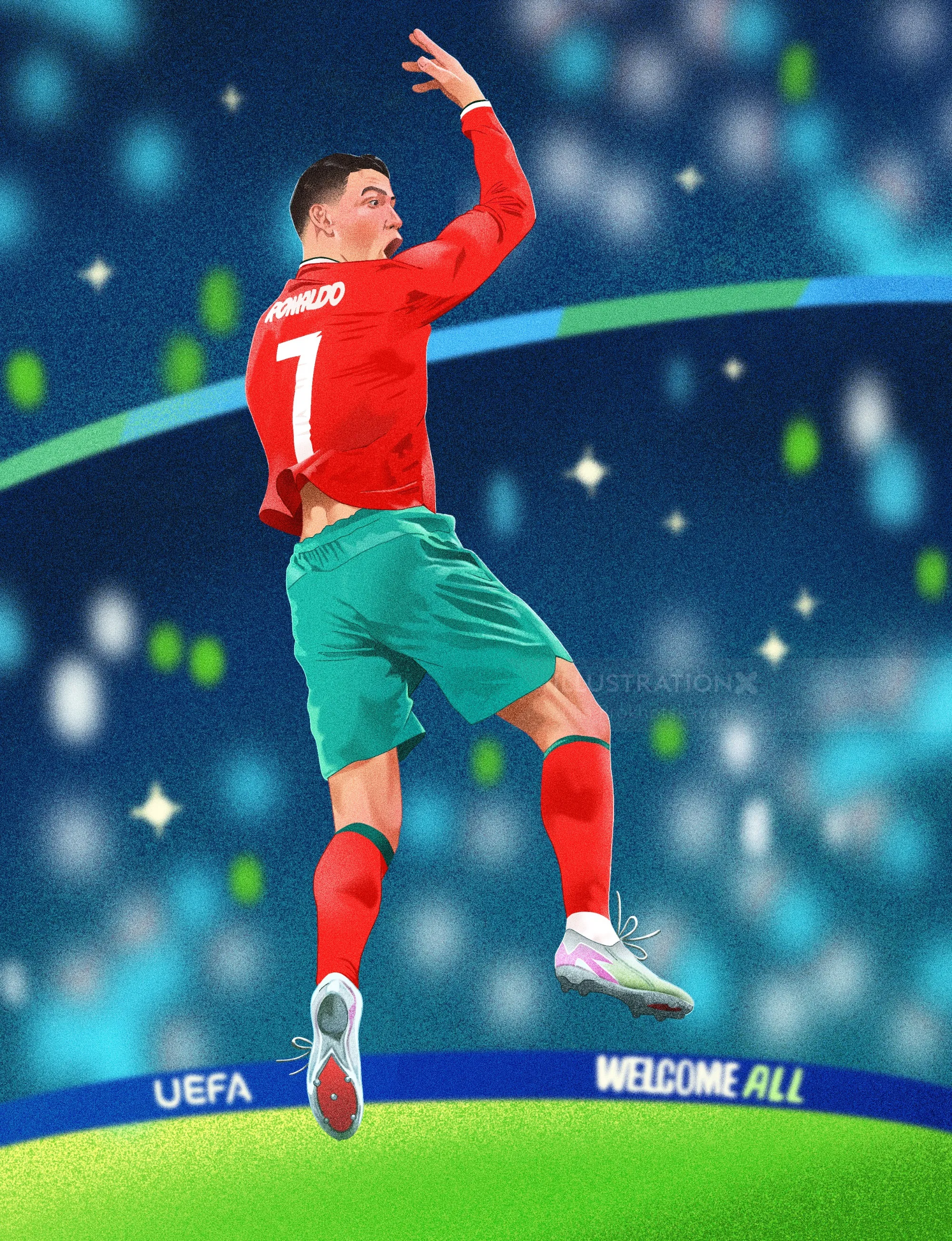 Soccer player jumping to head the ball in stadium by Julia Prokhotskaya