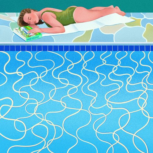 プールサイドで本を読みながらくつろぐ女性（イラスト：Julia Prokhotskaya）
