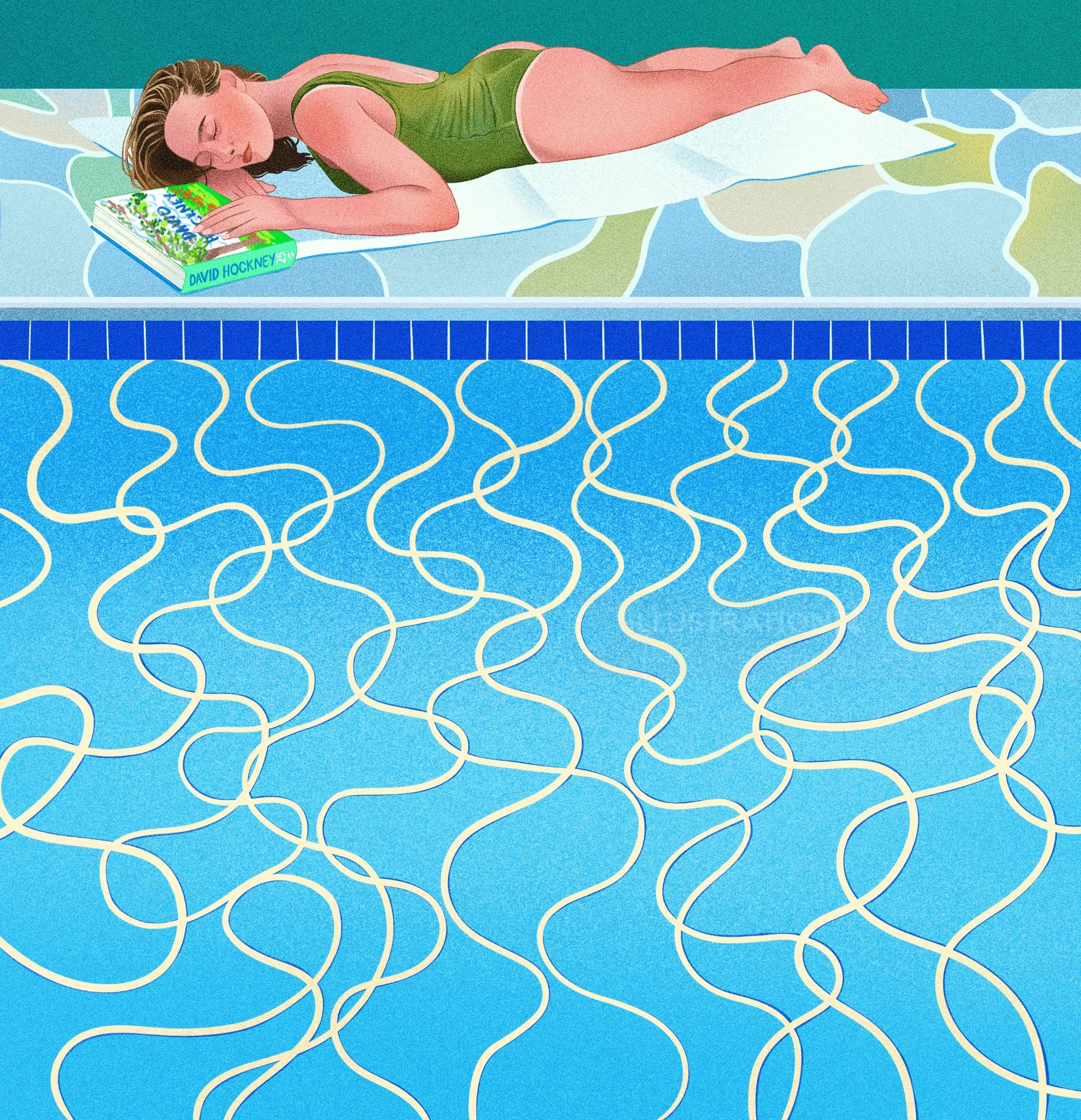 Woman resting by pool with book, illustrated by Julia Prokhotskaya