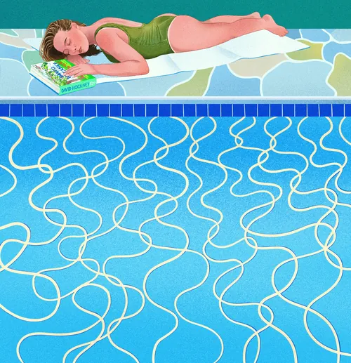 Woman resting by pool with book, illustrated by Julia Prokhotskaya