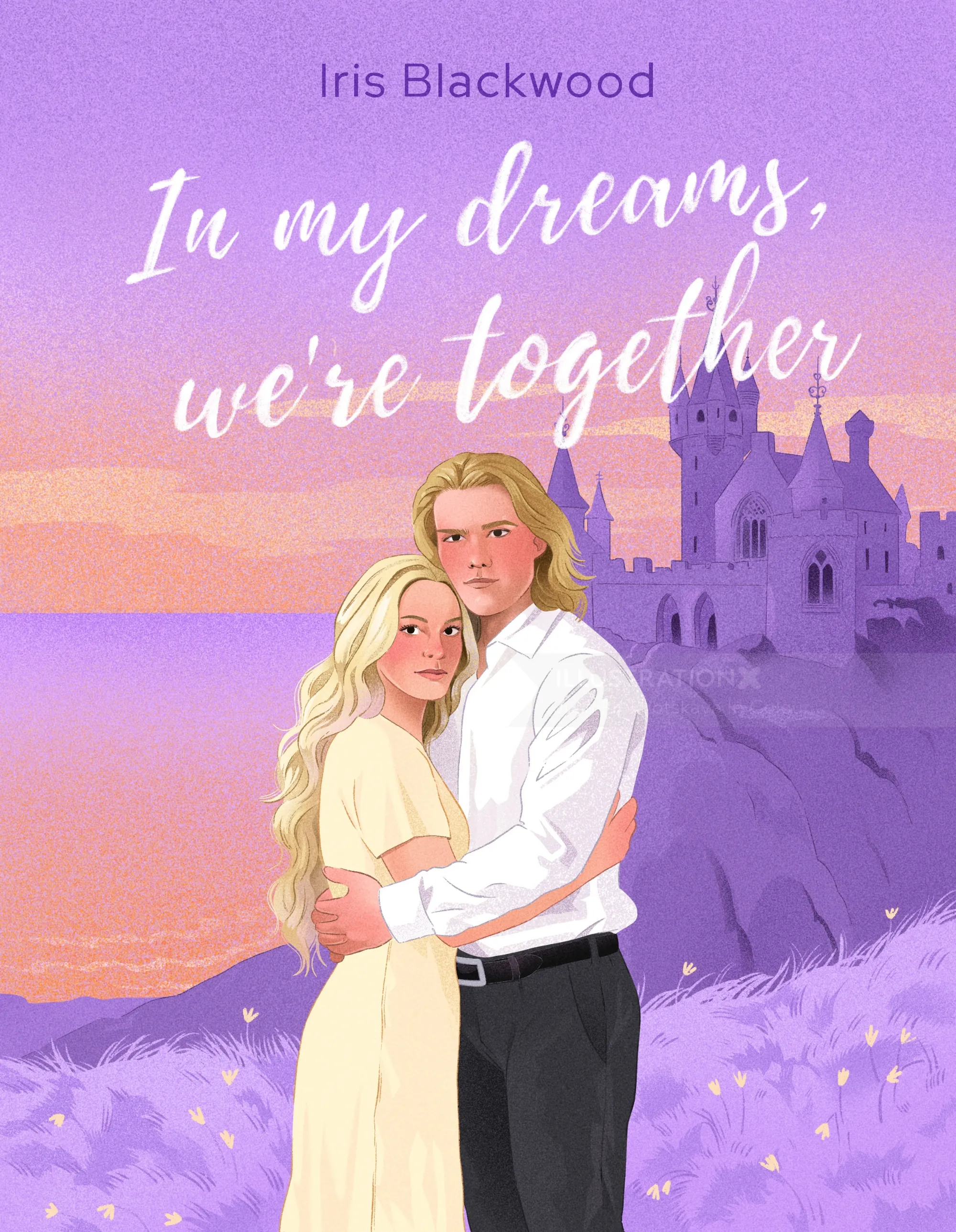 Romantic blonde couple embracing by purple castle at sunset by Julia Prokhotskaya