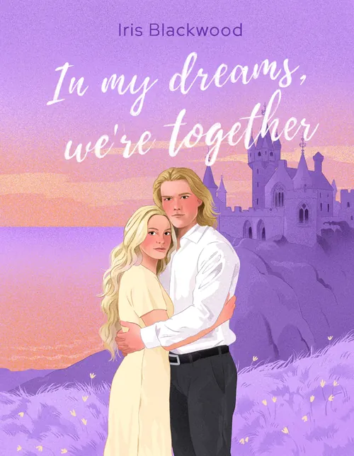 Romantic blonde couple embracing by purple castle at sunset by Julia Prokhotskaya