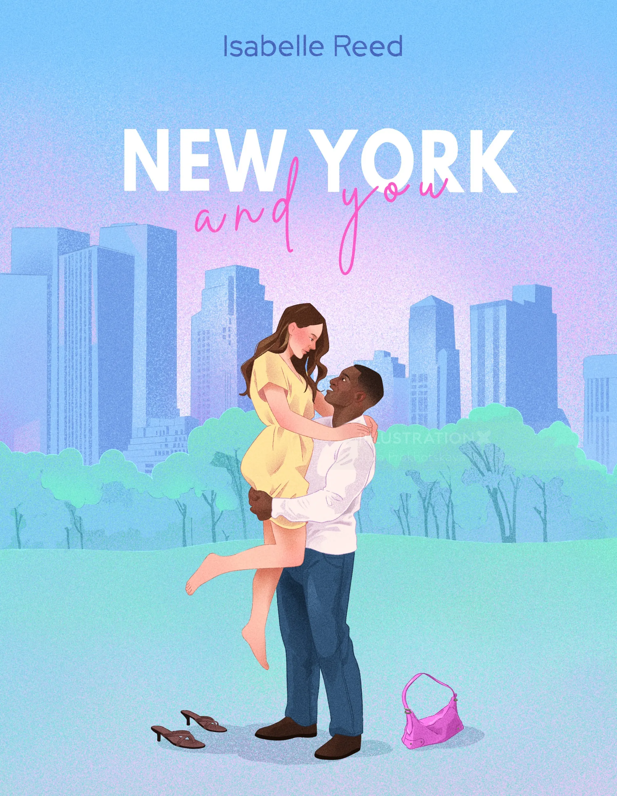 Couple embracing with New York skyline in background by Julia Prokhotskaya In Colour