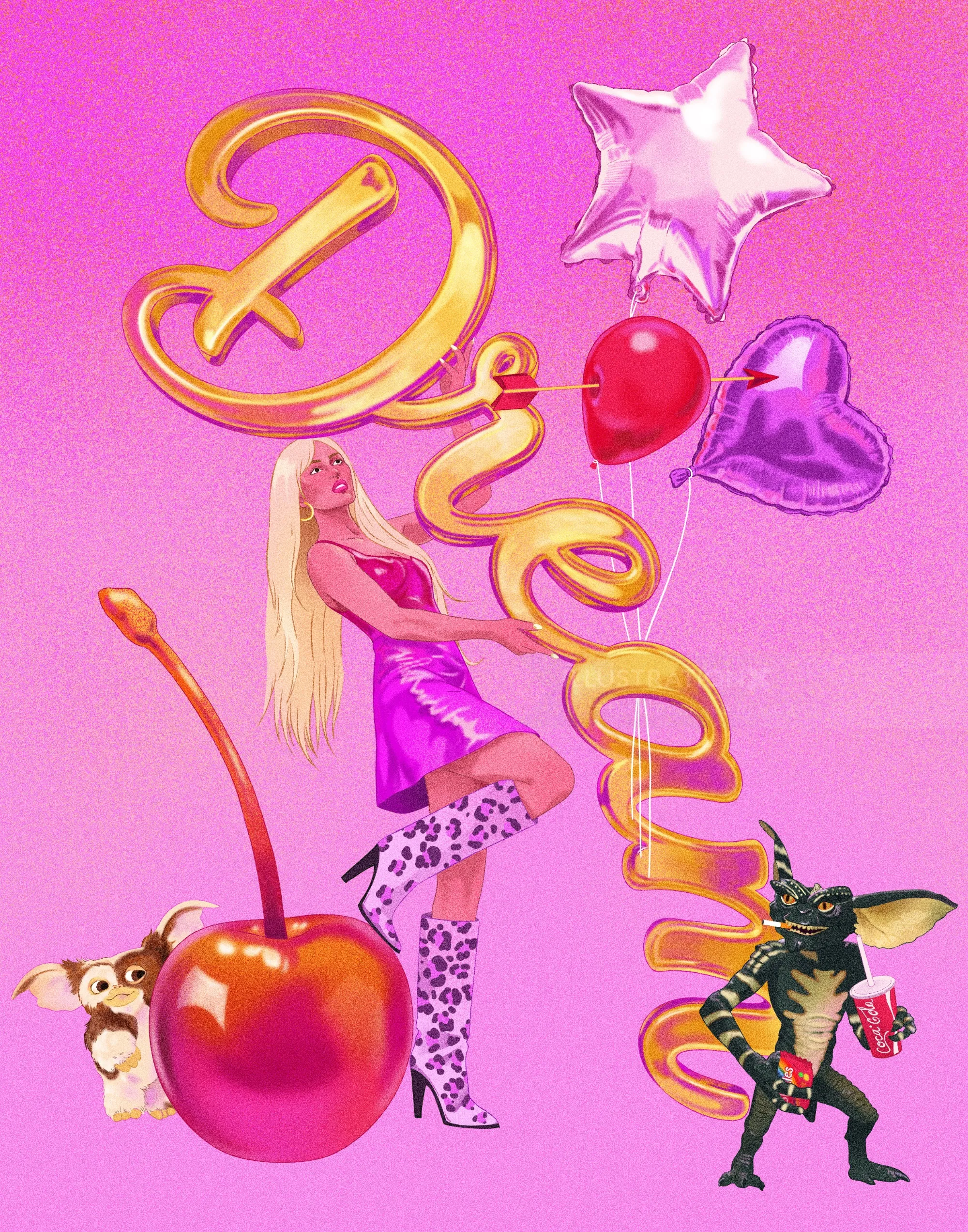 Surreal pink collage by Julia Prokhotskaya In Colour with woman, apple, star, lips, and golden lette