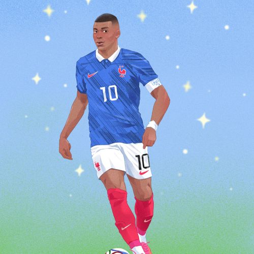 Julia Prokhotskayaによるカラーイラスト：キリアン・エムバペとサッカーボール